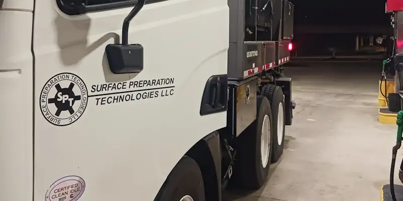 white SPT truck inside shop garage